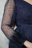 فستان ماكسي مزين بالترتر بأكمام شفافه لون كحلي