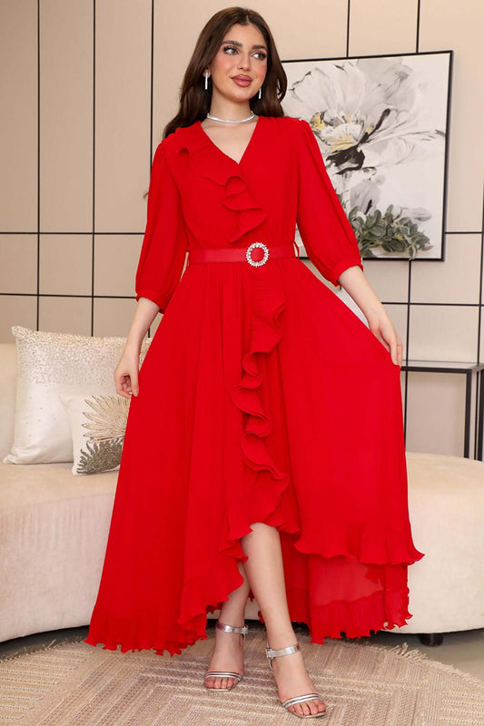 فستان شيفون بحزام عالخصر لون احمر