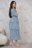 فستان بلاسيه طبقات بياقه مطرزه لون ازرق