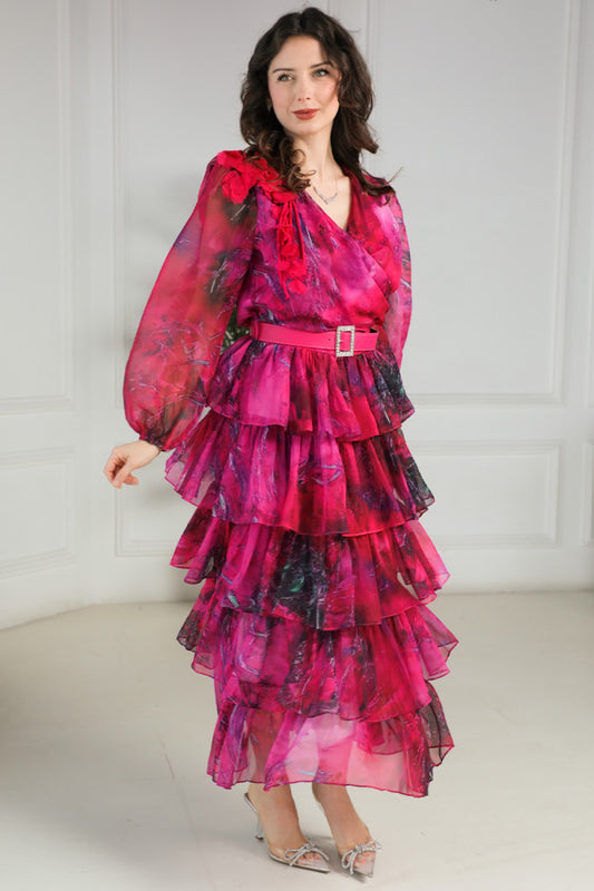 فستان شيفون مشجر طبقات لون فوشي