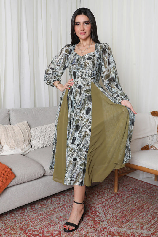 فستان تل مشجر بتصميم مقسم لون زيتي