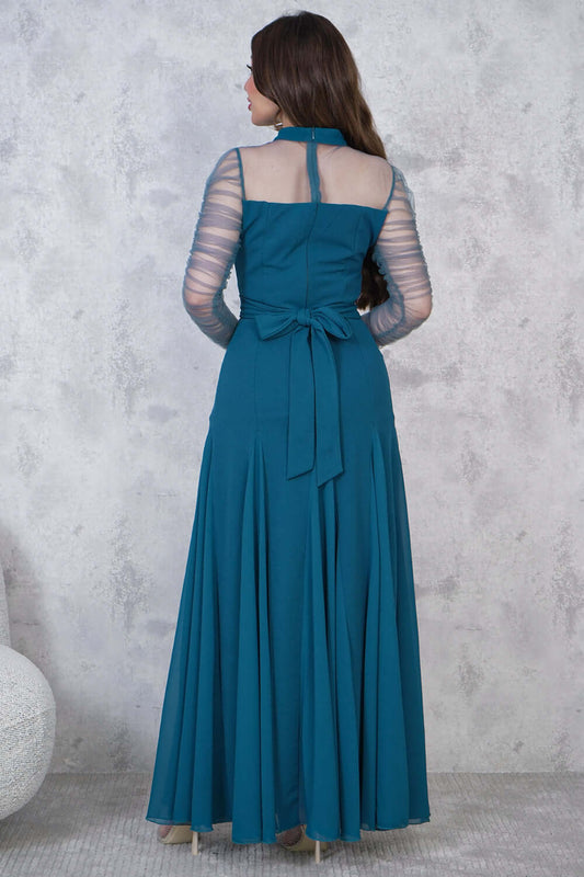 فستان طويل بأكمام تل مزمومه لون ازرق