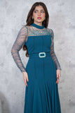 فستان طويل بأكمام تل مزمومه لون ازرق