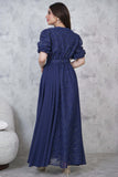 Long dress with puff sleeves in navy blue