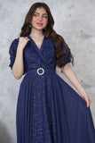 Long dress with puff sleeves in navy blue