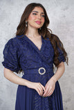 Long dress with puff sleeves in navy blue