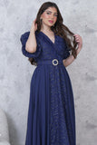 Long dress with puff sleeves in navy blue