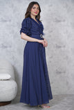 Long dress with puff sleeves in navy blue