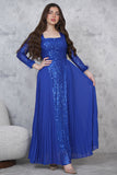 Long blue chiffon pleated sequin evening dress