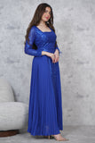 Long blue chiffon pleated sequin evening dress