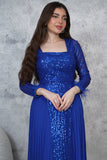 Long blue chiffon pleated sequin evening dress