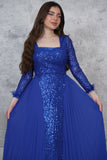 Long blue chiffon pleated sequin evening dress