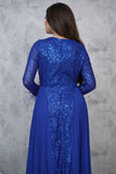 Long blue chiffon pleated sequin evening dress