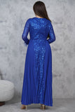 Long blue chiffon pleated sequin evening dress