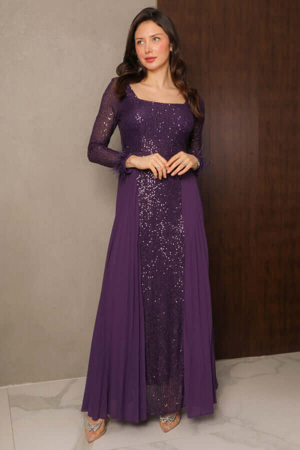 Long Chiffon Pleated Sequin Evening Dress in Purple