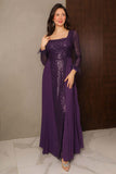 Long Chiffon Pleated Sequin Evening Dress in Purple