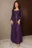 Long Chiffon Pleated Sequin Evening Dress in Purple