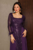 Long Chiffon Pleated Sequin Evening Dress in Purple