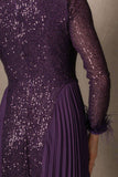 Long Chiffon Pleated Sequin Evening Dress in Purple