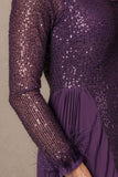 Long Chiffon Pleated Sequin Evening Dress in Purple