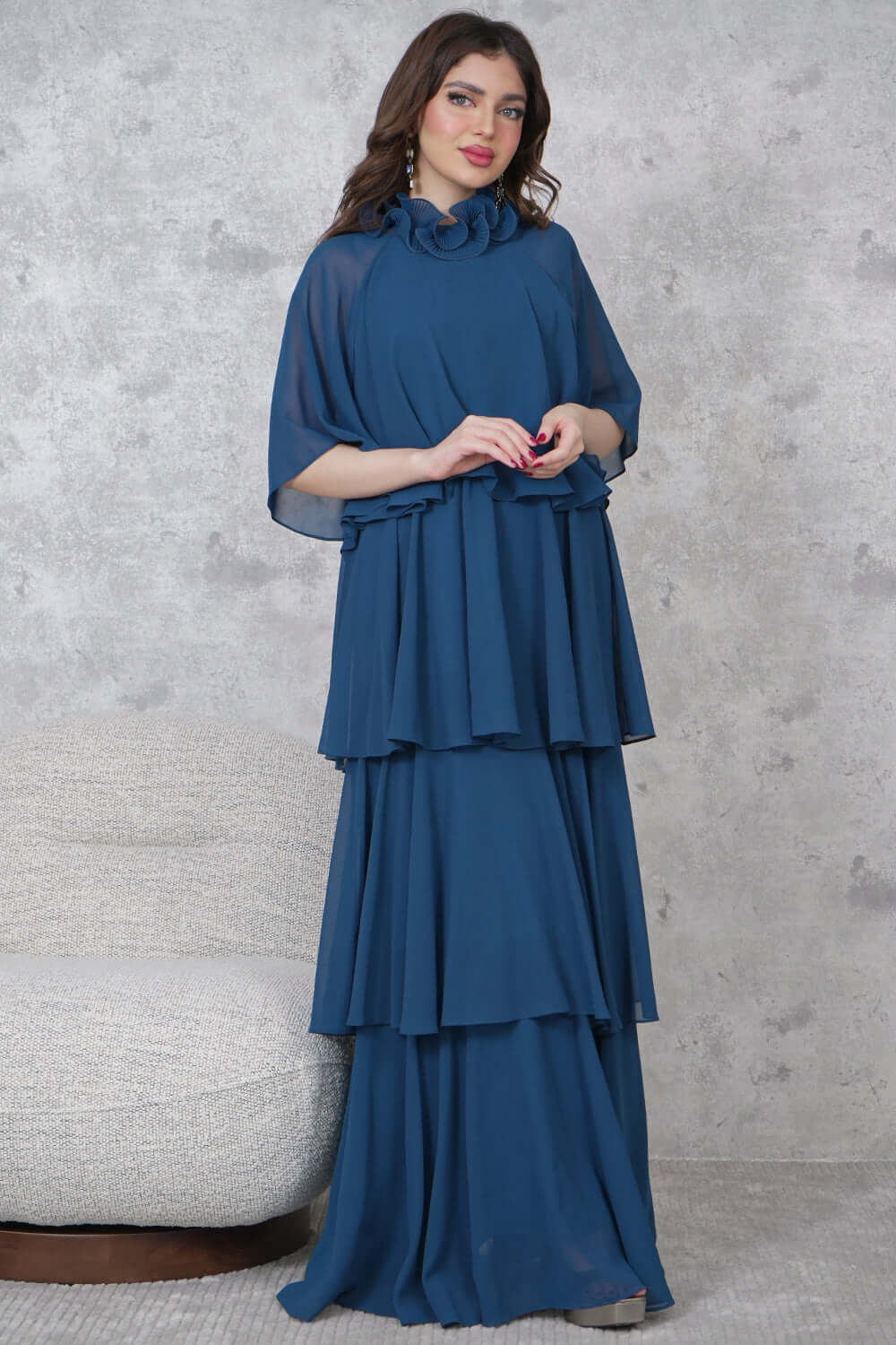 Long chiffon dress with ruffled layers 