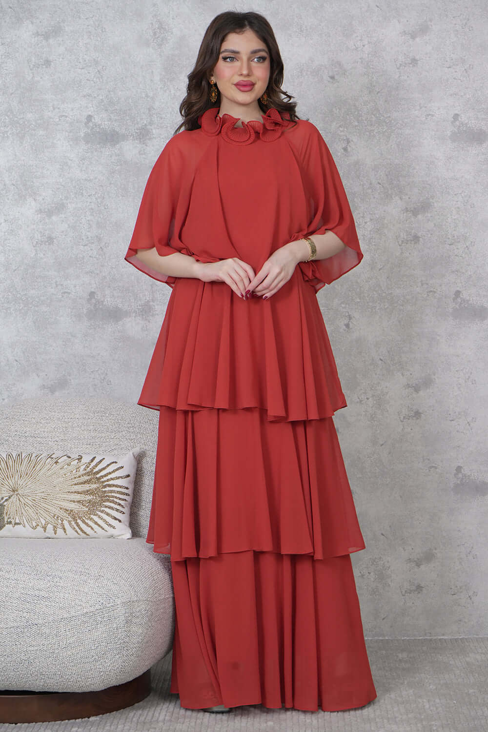 Long chiffon dress with ruffled layers 