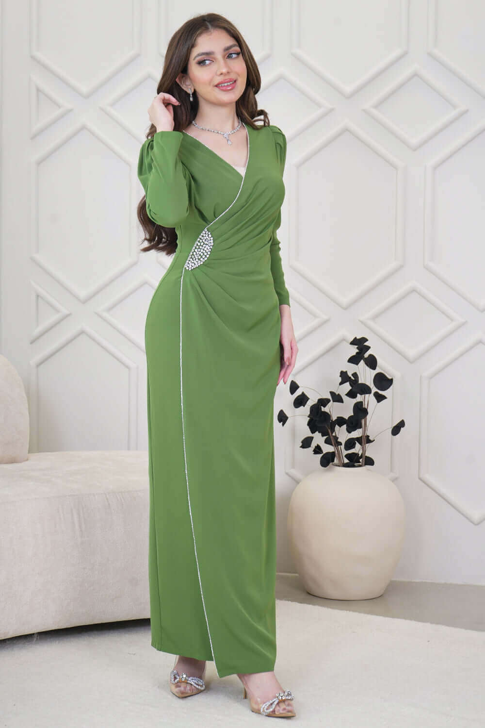 Green Crystal Draped Maxi Dress 