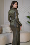 Gold Draped Front Slit Shiny Dress 