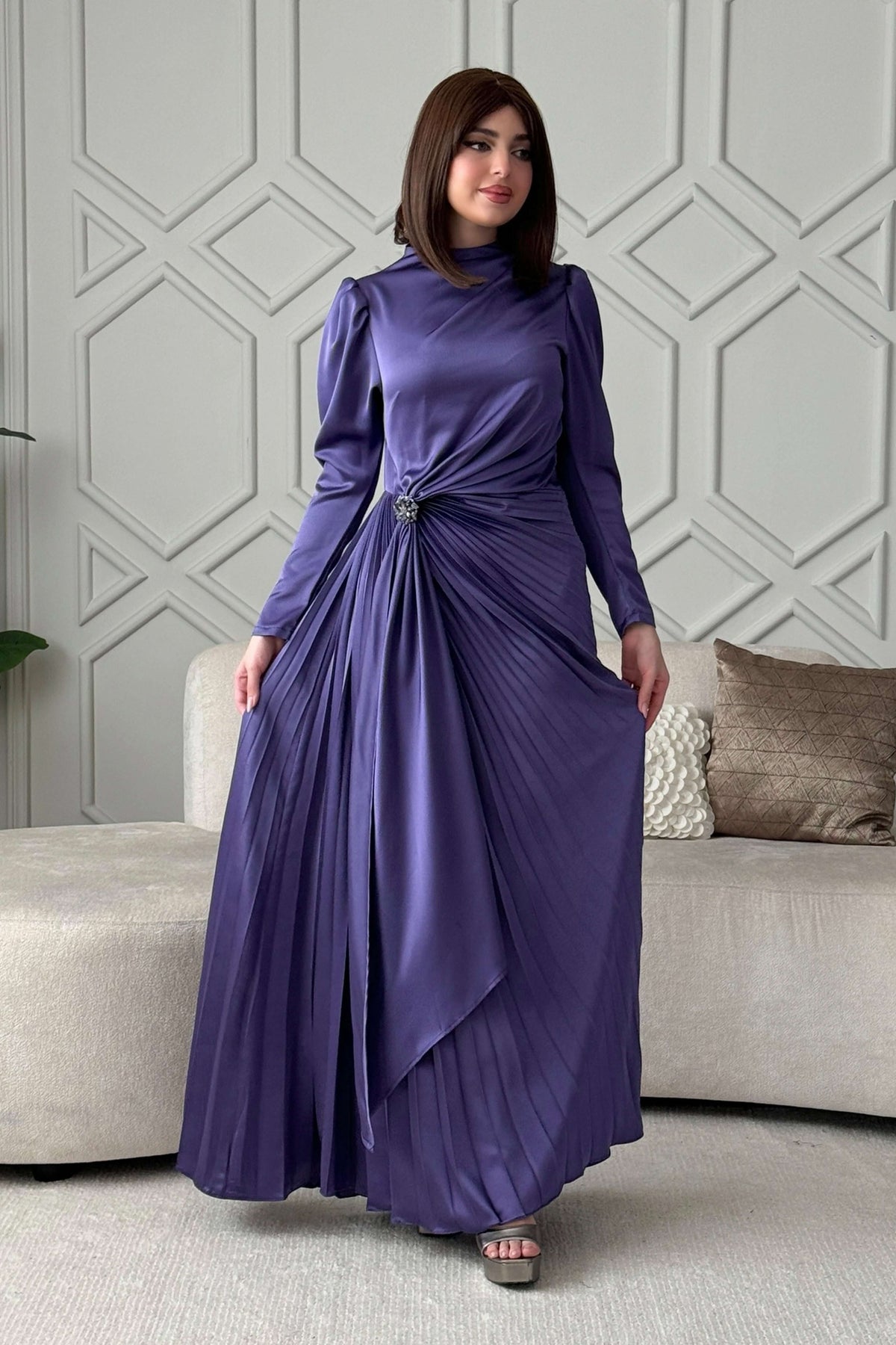 Purple pleated dress best sale