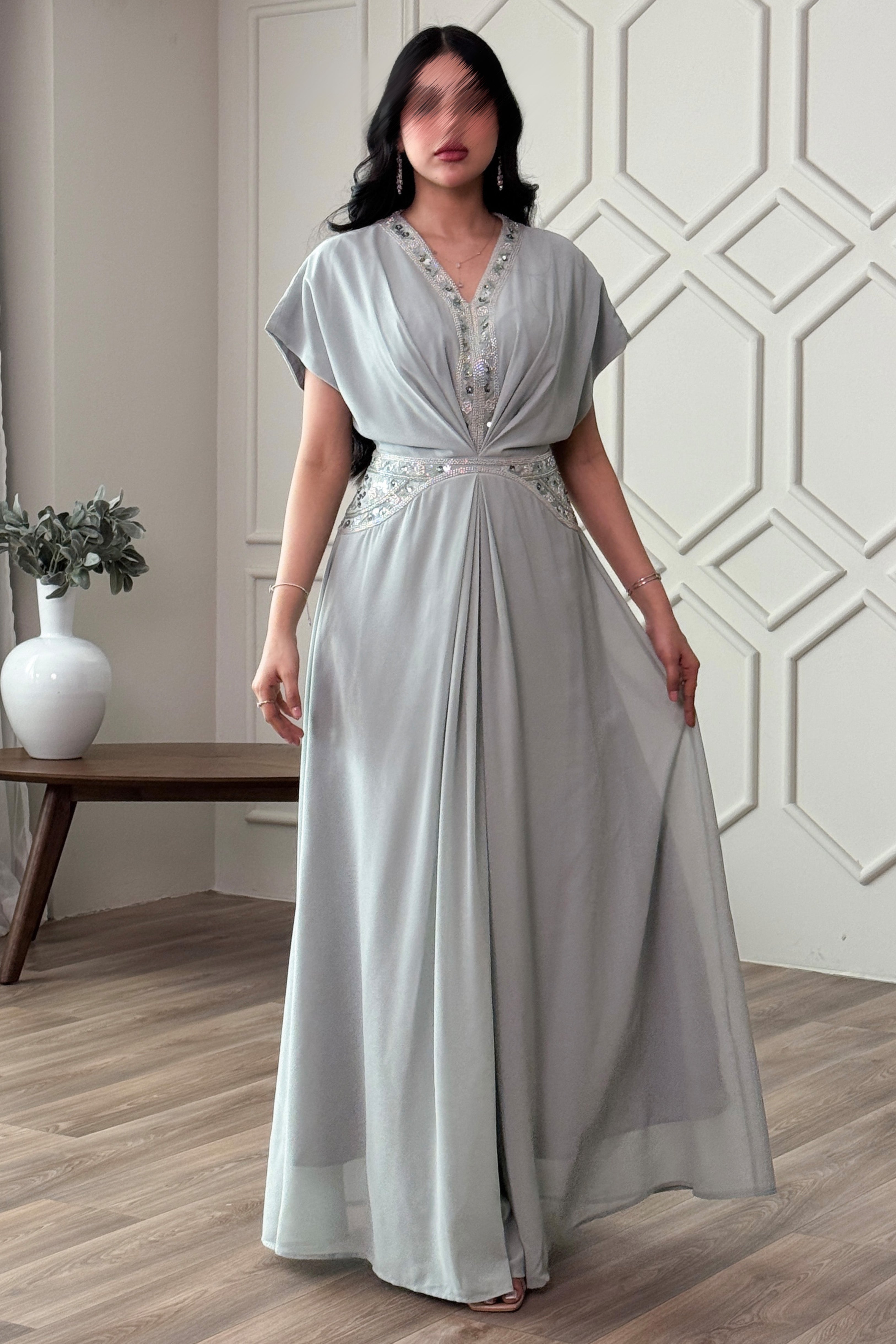 Light blue chiffon jalabiya with sequins 
