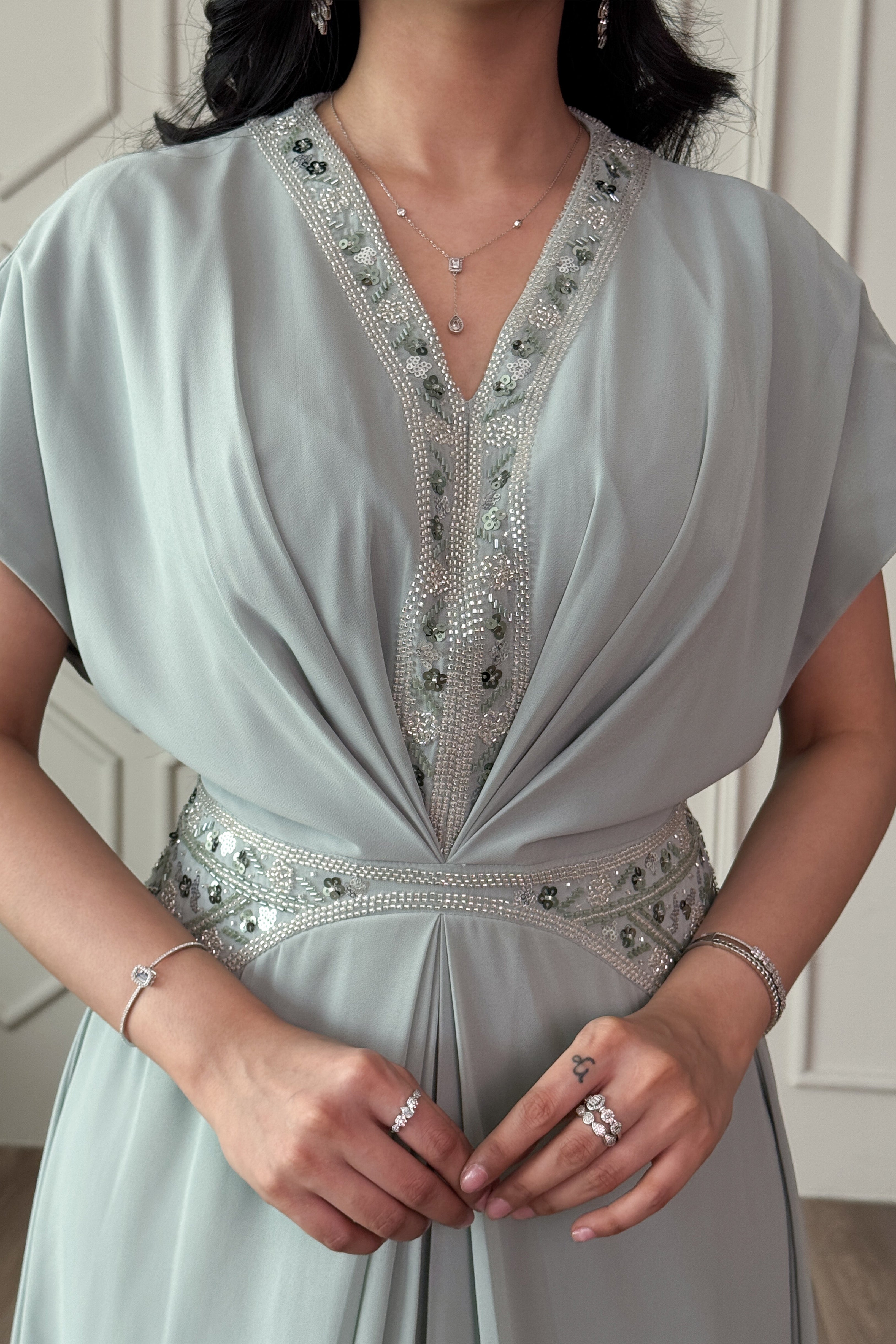 Light blue chiffon jalabiya with sequins 