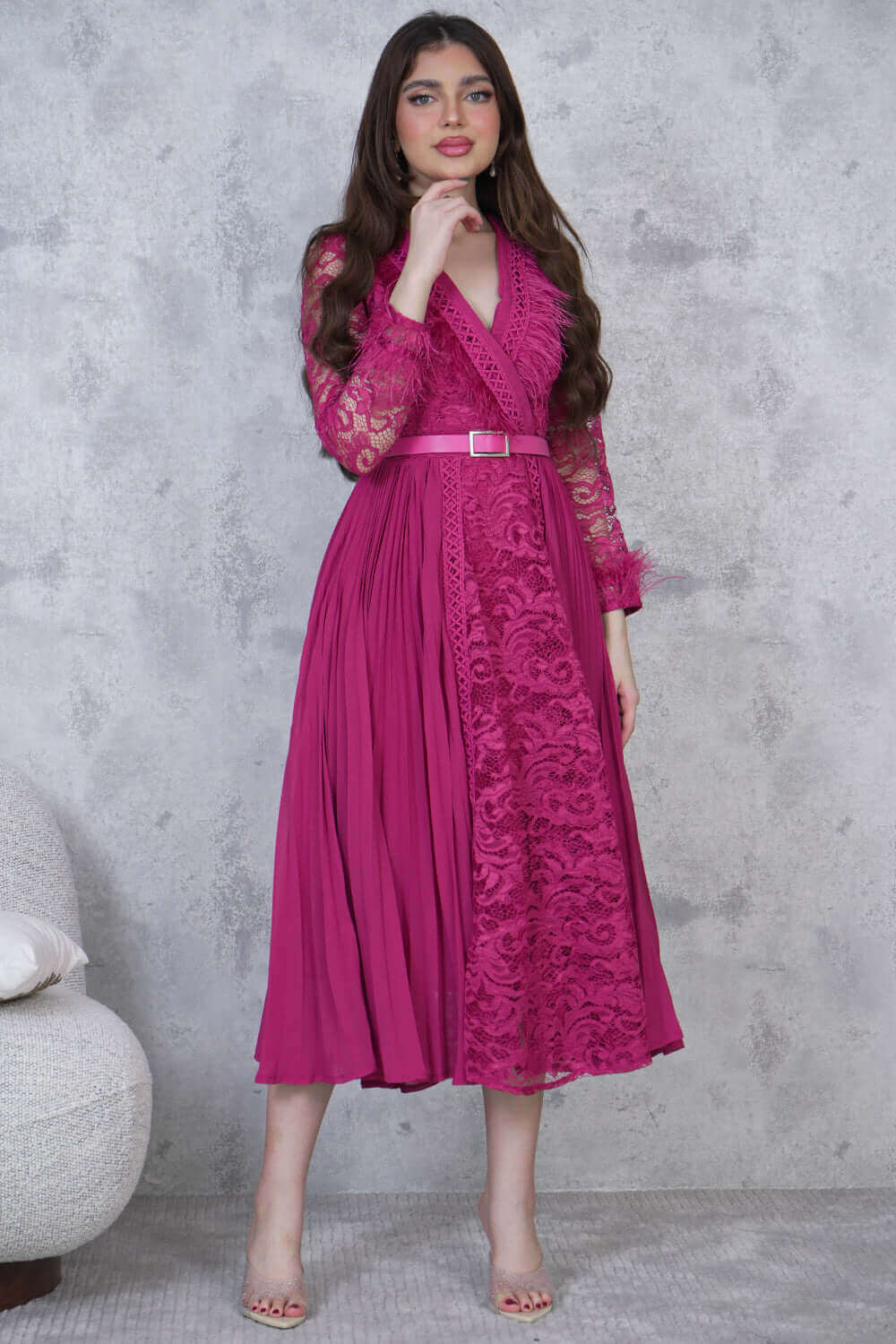 Fuchsia Feather Embellished Midi Dress 