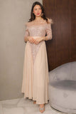 Sequin evening dress with chiffon pleats and long feathers, beige color 