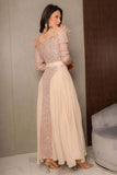 Sequin evening dress with chiffon pleats and long feathers, beige color 