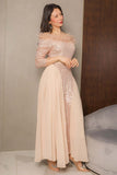 Sequin evening dress with chiffon pleats and long feathers, beige color 