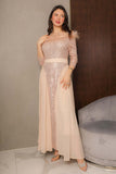 Sequin evening dress with chiffon pleats and long feathers, beige color 