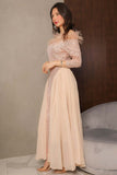 Sequin evening dress with chiffon pleats and long feathers, beige color 