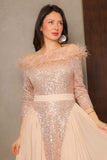 Sequin evening dress with chiffon pleats and long feathers, beige color 