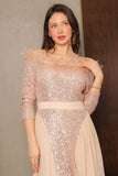 Sequin evening dress with chiffon pleats and long feathers, beige color 