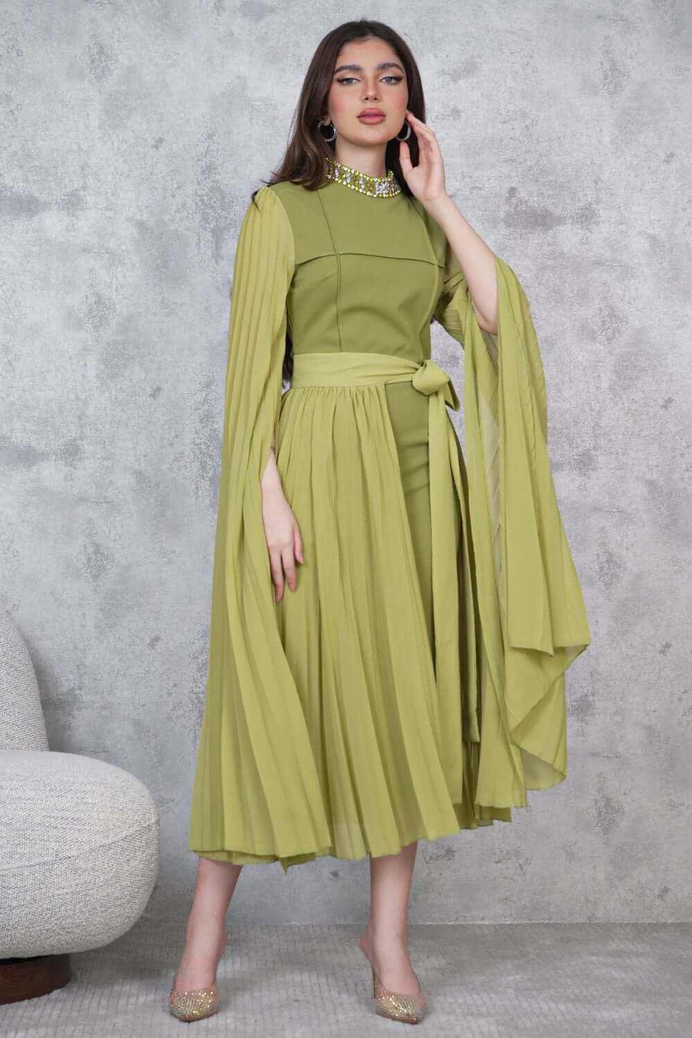 Green Crystal Embellished Straight Fit Midi Dress 