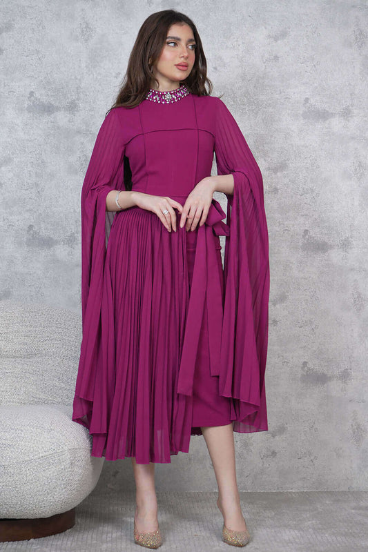 Fuchsia Crystal Embellished Straight Fit Midi Dress 