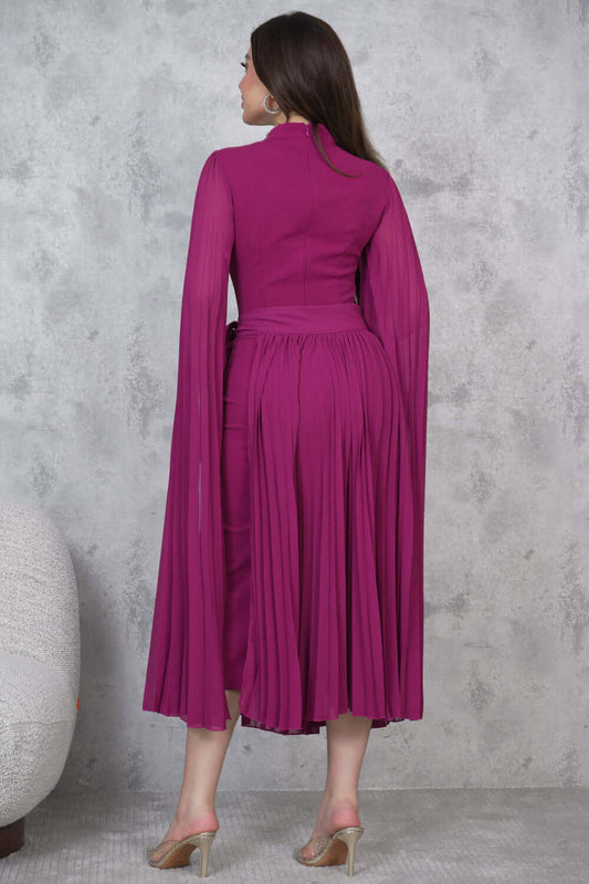 Fuchsia Crystal Embellished Straight Fit Midi Dress 