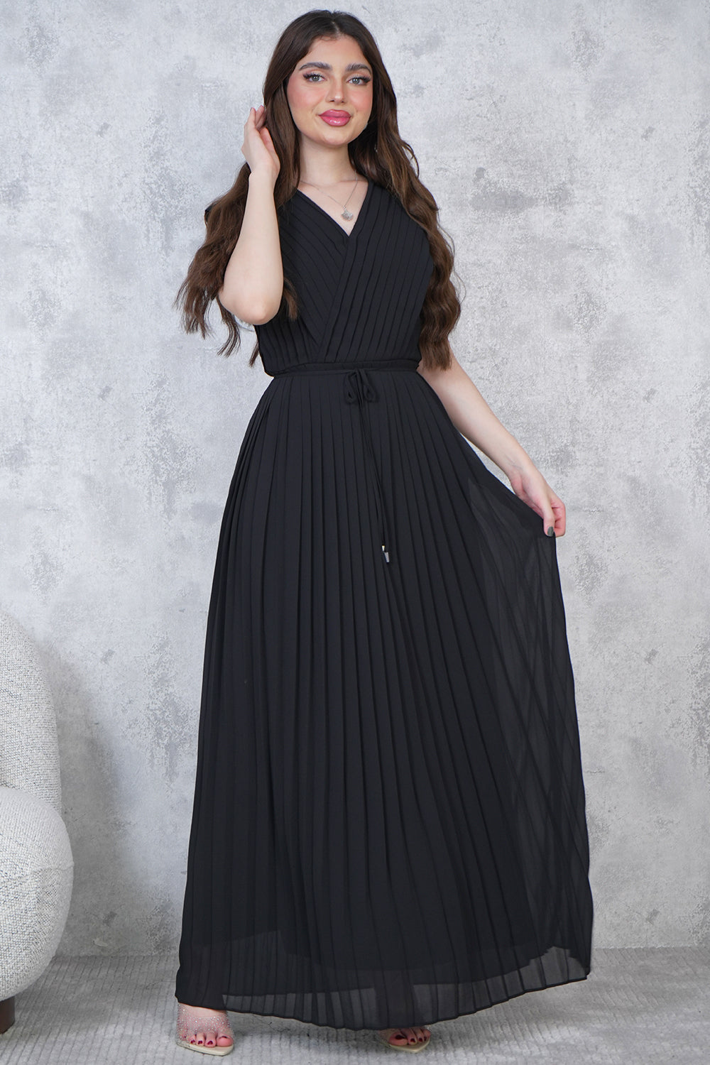 Black pleated long chiffon dress