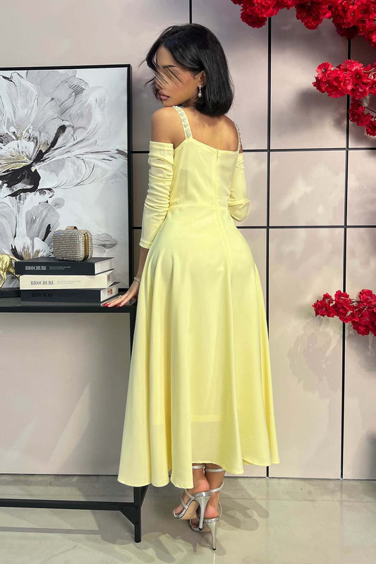 Yellow Pearl Embellished Off Shoulder Midi Dress 