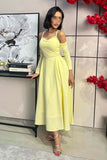 Yellow Pearl Embellished Off Shoulder Midi Dress 