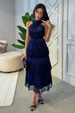 Navy Blue Layered Pleated Maxi Dress 