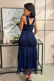 Navy Blue Layered Pleated Maxi Dress 