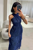 Navy Blue Layered Pleated Maxi Dress 