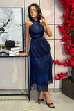 Navy Blue Layered Pleated Maxi Dress 