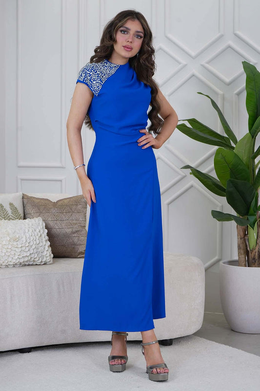 Blue Crystal Embellished Crepe Maxi Dress 